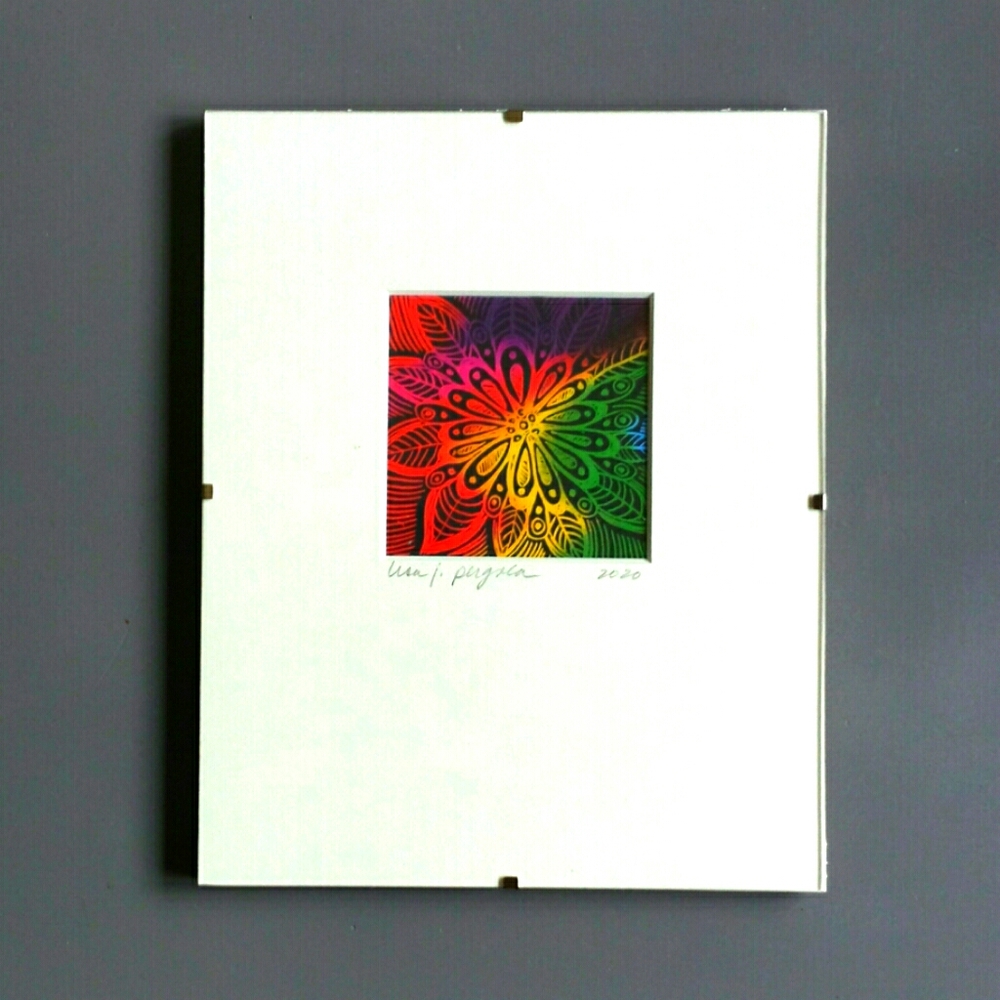 Hand Crafted Framed Scratchboard Etched Folk Art Flower Original Drawing